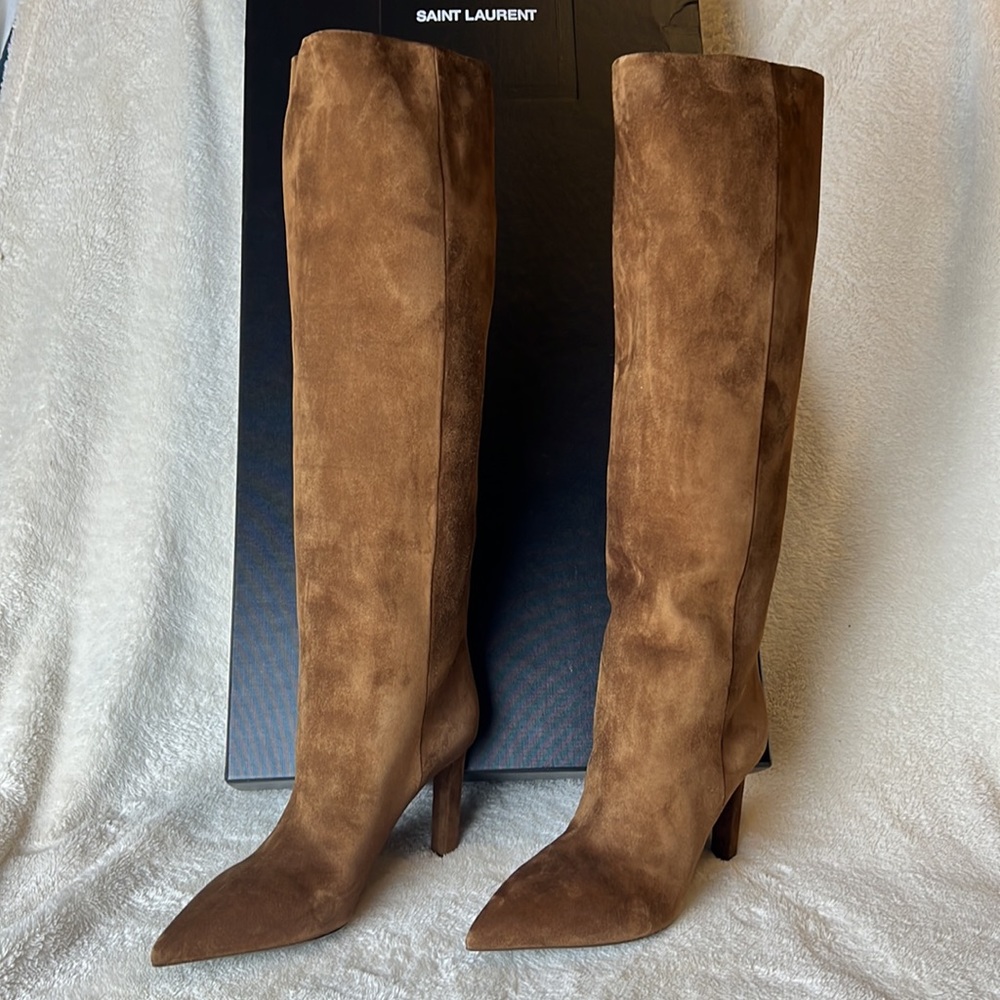 New YSL Brown Suede Knee High Boots - Kate 85